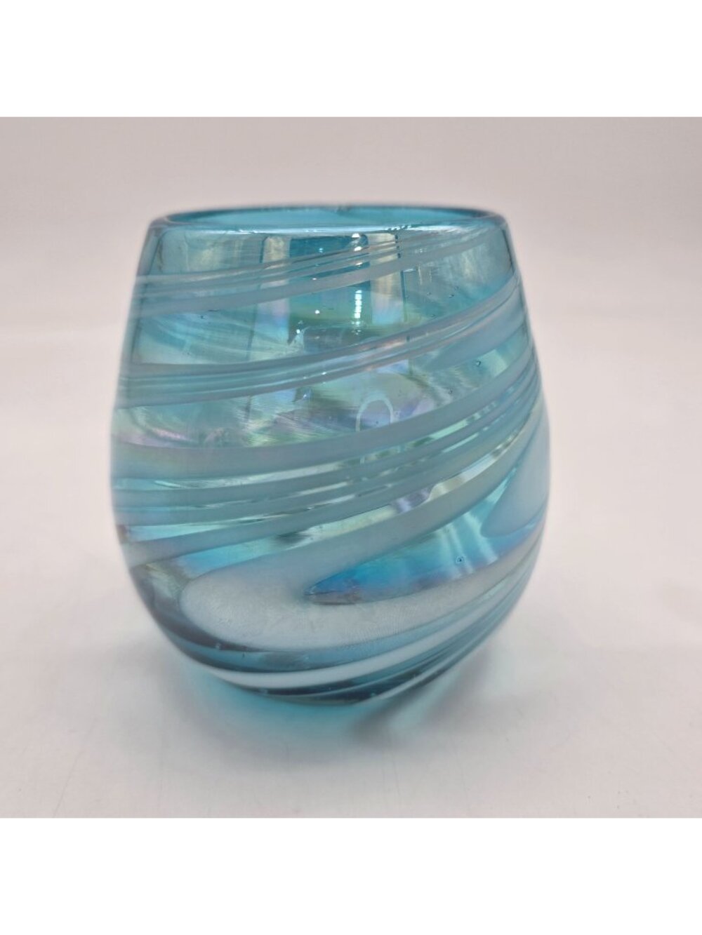 Mexican Recycled Wine Glass Blue White Swirl Iridescent Novica Artisan Handblown